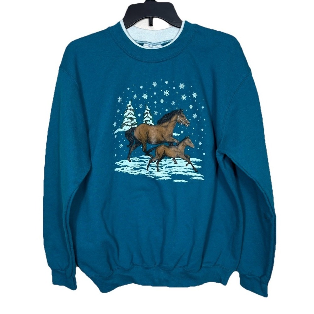 Vintage Morning Sun Horse Graphic Crewneck Sweatshirt‎ Teal Size L Equestrian